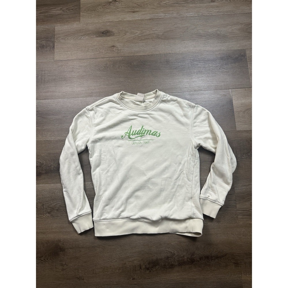 Audimas Sweater Women's S White Cream Logo Print‎ Long Sleeve Crew Neck